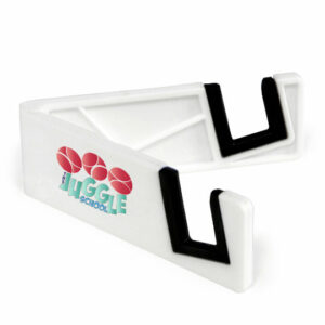 Promotional tablet stands in white with printed logo on white background