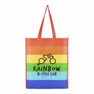 Rainbow promotional shopping bags in multi coloured strip design printed with a logo on a white background
