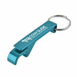 Ralli promotional bottle opener keyrings in cyan with a printed logo on a white background