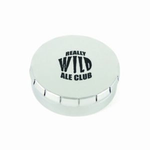 Round promotional mint tins in silver with printed logo on a white background