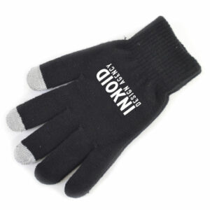 Smart promotional touch screen gloves in black with logo embroidered on a white background