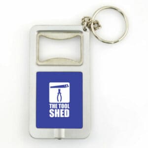 Sofia promotional bottle opener keyrings in blue with printed logo on a white background