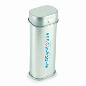 Tall promotional mint tins in silver with printed logo on a white background