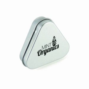 Triangular promotional mint tins in silver with printed logo on white background