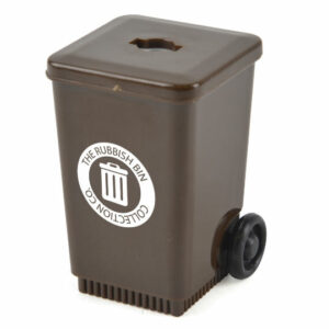 Wheelie bin promotional pencil sharpeners in brown with printed logo on white background