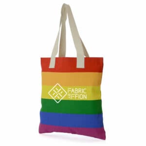 Bow promotional cotton canvas bags in rainbow stripes with printed logo on a white background