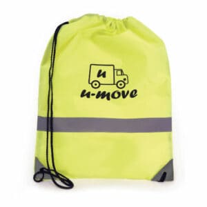 Celsius promotional drawstring bags in yellow with printed logo on a white background
