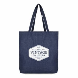 Denim recycled promotional bags in blue with printed logo on a white background