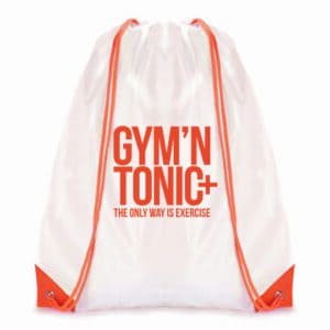 Dobson promotional drawstring bags in white and orange with printed logo on a white background