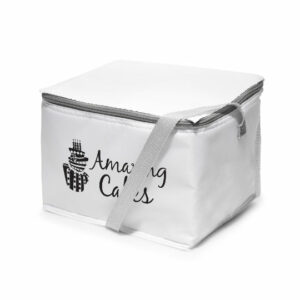 Glacier rPET promotional cooler bags in white with printed logo to front placed on a white background
