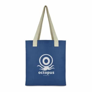Hegarty coloured promotional cotton bags in blue with a printed logo on a white background