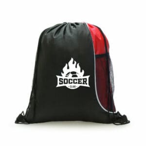 Marty promotional recycled drawstring bags in black and red with a printed logo on a white background