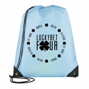 Pegasus plus promotional drawstring bags in light blue with printed logo on a white background