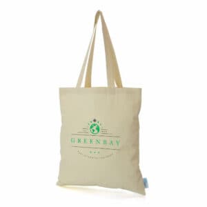 Pitchford recycled promotional cotton bags in natural with printed logo on a white background