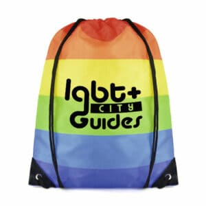 Rainbow promotional drawstring bags with printed logo on a white background