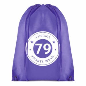 Rothy promotional drawstring bags in purple with printed logo on a white background