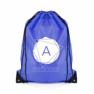 rPET promotional recycled drawstring bags in blue with printed logo on a white background