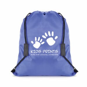 Safety break promotional drawstring bags in blue with printed logo on white background