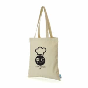 Sarika recycled 7oz cotton promotional bags in natural with printed logo on a white background