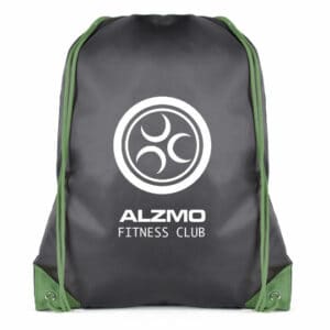 Spencer promotional drawstring backpacks in black and green with printed logo on a white background