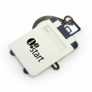 Wickham promotional luggage tags in white with a printed logo on a white background