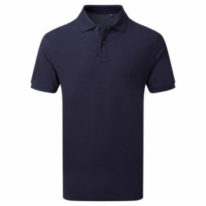 Front view of a Asquith & Fox promotional polo shirts in navy blue on a white background