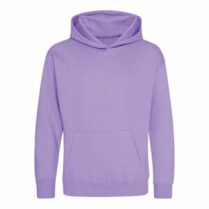 Front view of a AWD just hoods kids promotional hoodies in lavender on a white background