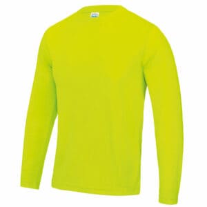 AWD long sleeve cool promotional t-shirts in electric yellow shown from the front on a white background