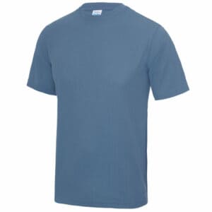 AWD promotional cool t-shirts in blue shown at an angle on a white background