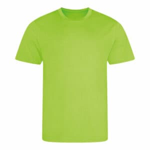 Front view of AWD recycled cool promotional t-shirts in electric green on a white background