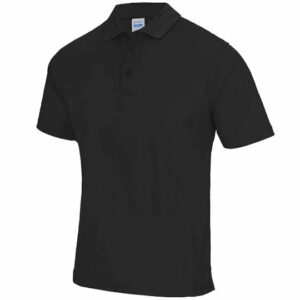 AWD supercool promotional polo shirts in black on a white background