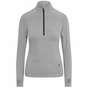 Front view of a AWD women's cool flex half zip promotional gym top in silver grey on a white background.