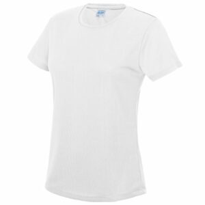 AWD women's cool promotional t-shirts in white shown at an angle on a white background