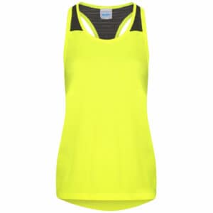 AWD women's smooth promotional workout vest in yellow and black shown from the front on a white background