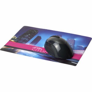 Brite-Mat lightweight promotional mouse mats with a mouse on top placed on a white background