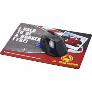 Brite-mat recycled tyre promotional mouse mats on a white background