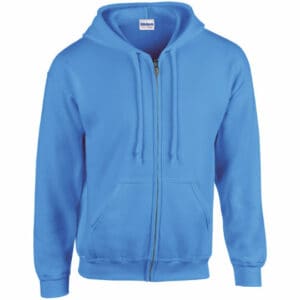 Front view of Gildan Heavy Full Zip Promotional Hoodies in blue on a white background