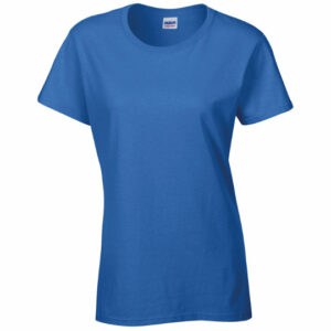 Front view of Gildan heavy women's promotional t-shirts in blue on a white background