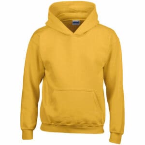 Front view of a Gildan kids heavy promotional hoodies in gold on a white background