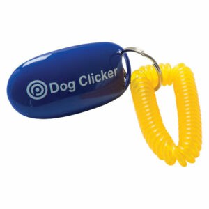 Promotional dog clickers with a printed logo on a white background