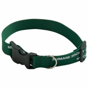 Promotional polyester dog collars printed with a logo on a white background