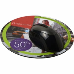 Q-Mat round promotional mouse mats with a mouse on top placed on a white background