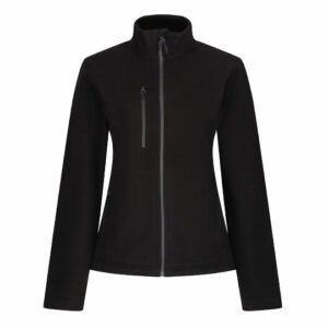 Front view of a Regatta women's recycled promotional micro fleeces in black on a white background
