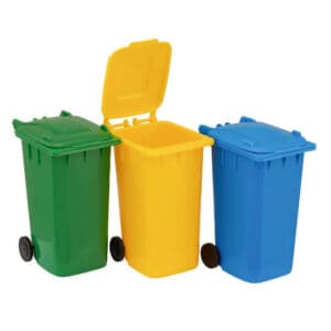 Wheelie bin promotional recycled pen pots in three different colours, side by side, placed on a white background