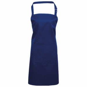Coloured promotional aprons with pocket in navy blue material against a white background