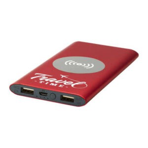 Promotional power banks in red with a logo to the front of the device.