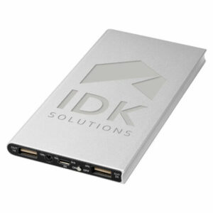 Plate 8000mAh promotional power banks in silver with a logo engraved on one side