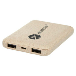 Wheat straw 5000mAh promotional power banks with a printed logo on one side. The branded power bank is on a white background.