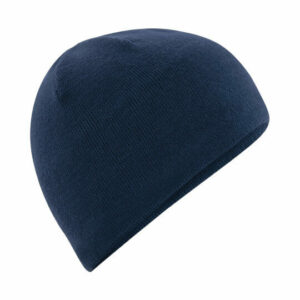 Beechfield active promotional beanie hats in french navy blue on a white background
