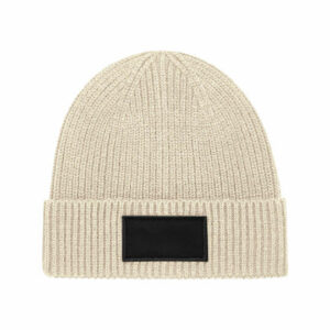 Beechfield fashion patch promotional beanies in oatmeal on a white background